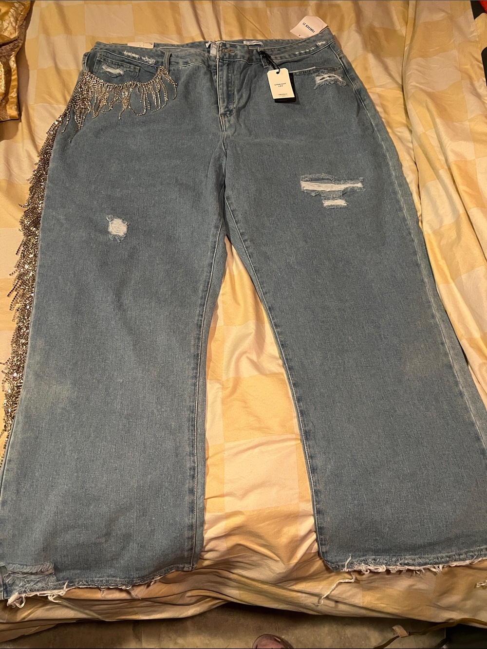 Forever 21 Light Blue Wide Leg Denim Jeans with Silver Fringe